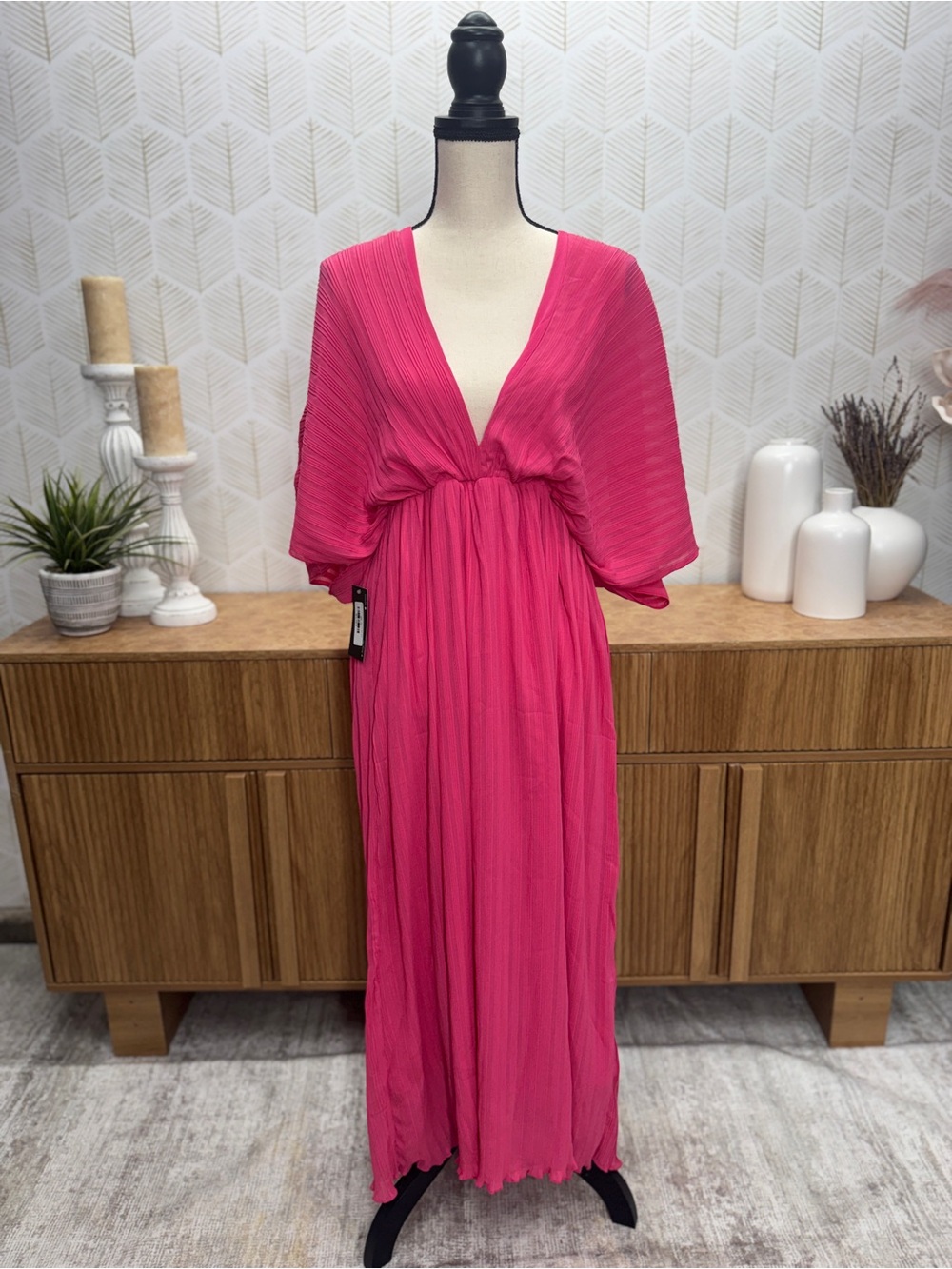 white birch Fuchsia Pleated V-Neck Maxi Dress